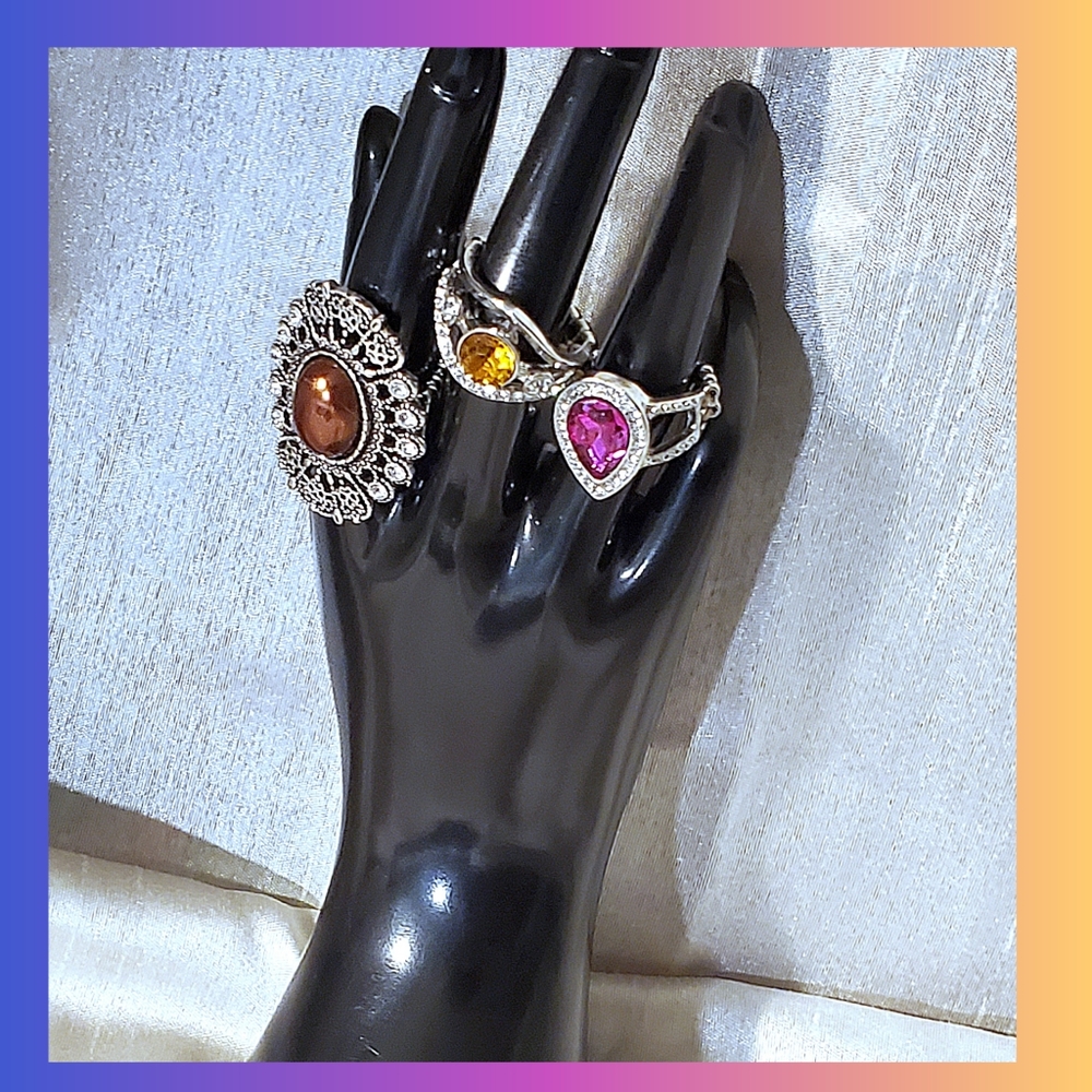 Adjustable Rhinestone Fashion Statement Rings Jewelry Set - Picture 3 of 6